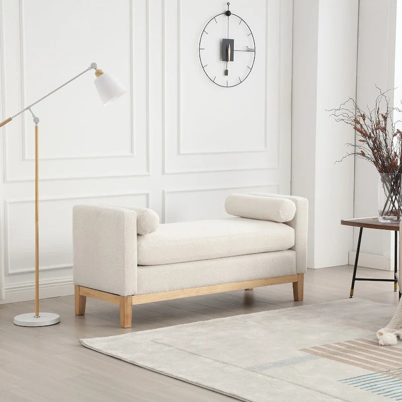Upholstered Bench Wood Legs and Bolster Pillows