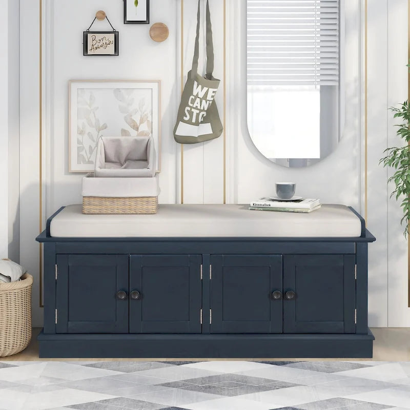 Storage Bench with 4 Doors and Adjustable Shelves, Shoe Bench with Removable Cushion for Living Room, Entryway