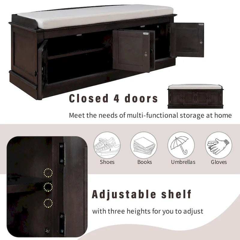 Storage Bench with 4 Doors and Adjustable Shelves, Shoe Bench with Removable Cushion for Living Room, Entryway