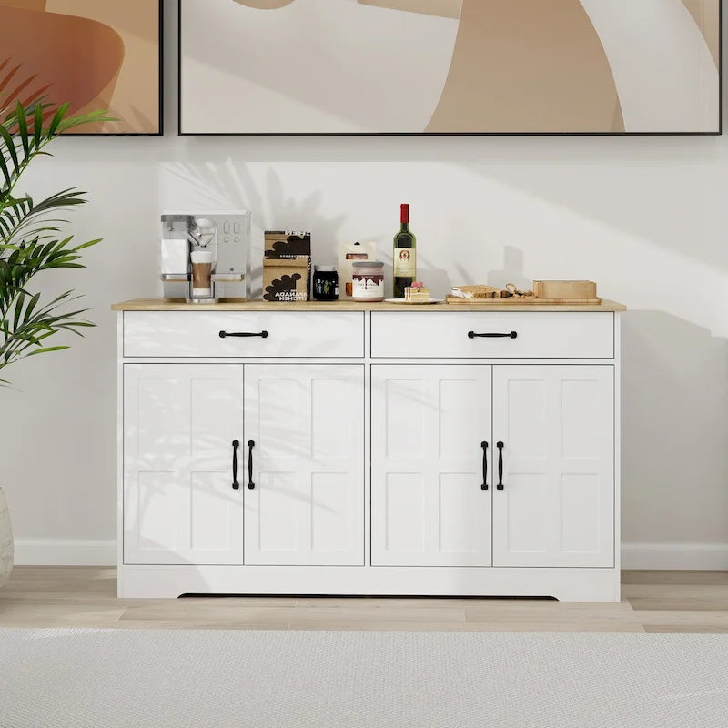 Large Farmhouse Buffet Cabinet Storage Sideboard with 2 Drawers and 4 Doors for Dining Living Room Kitchen Cupboard-White