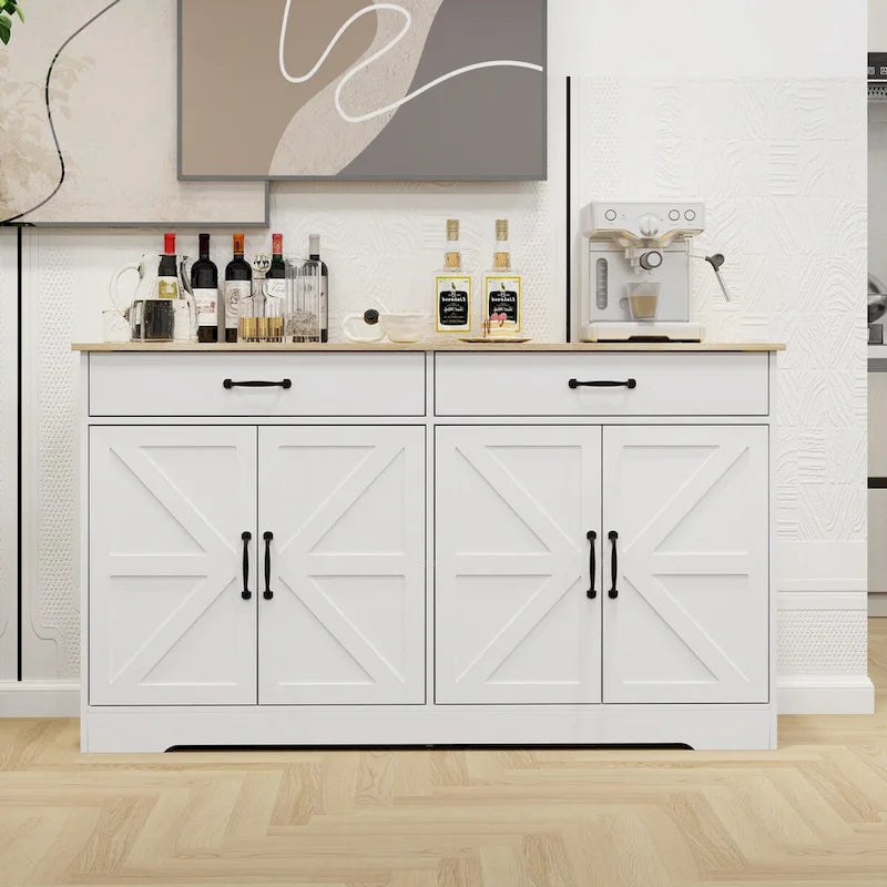 Large Farmhouse Buffet Cabinet Storage Sideboard with 2 Drawers and 4 Doors for Dining Living Room Kitchen Cupboard-White