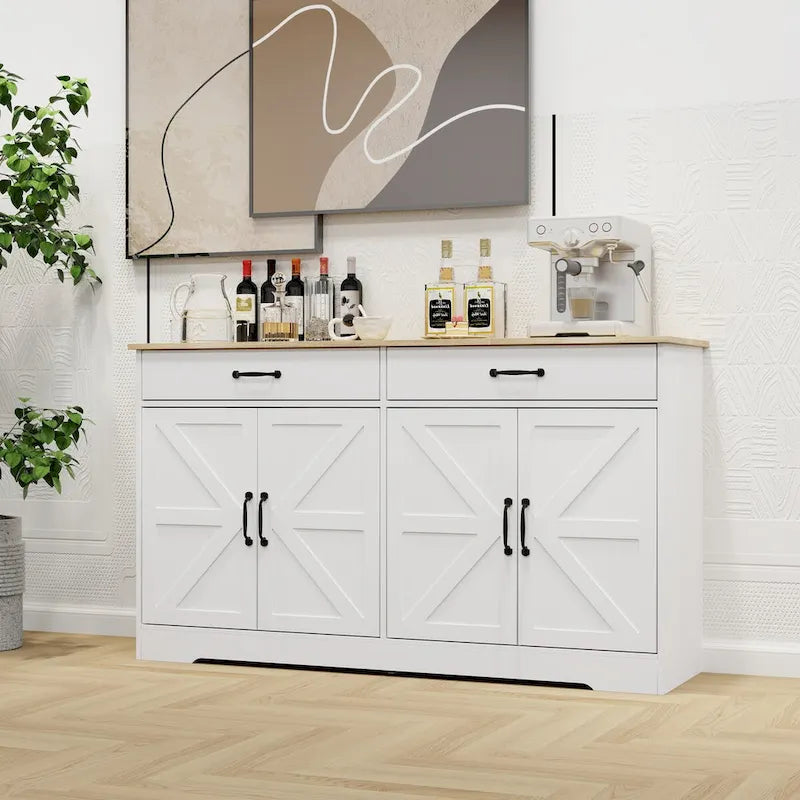 Large Farmhouse Buffet Cabinet Storage Sideboard with 2 Drawers and 4 Doors for Dining Living Room Kitchen Cupboard-White