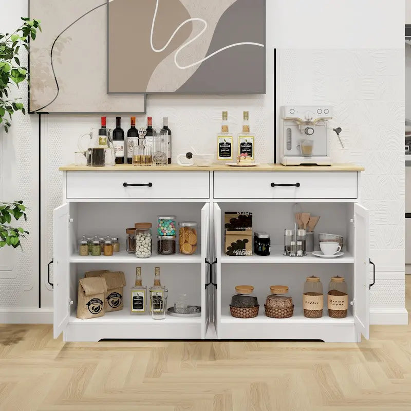 Large Farmhouse Buffet Cabinet Storage Sideboard with 2 Drawers and 4 Doors for Dining Living Room Kitchen Cupboard-White