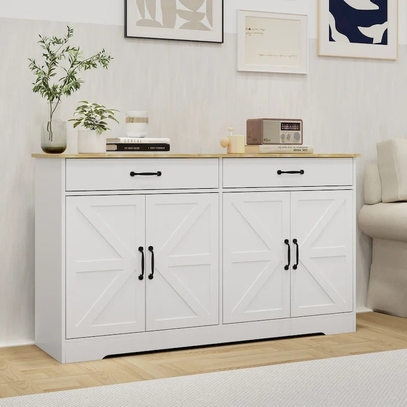 Large Farmhouse Buffet Cabinet Storage Sideboard with 2 Drawers and 4 Doors for Dining Living Room Kitchen Cupboard-White