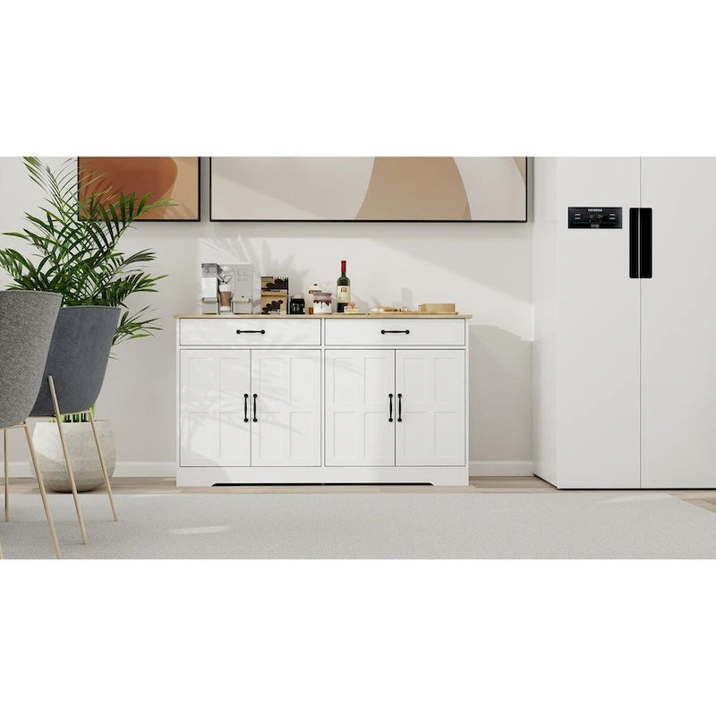 Large Farmhouse Buffet Cabinet Storage Sideboard with 2 Drawers and 4 Doors for Dining Living Room Kitchen Cupboard-White