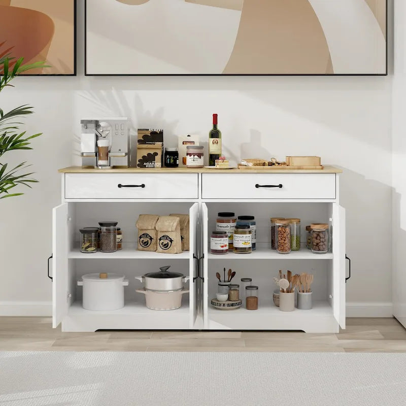 Large Farmhouse Buffet Cabinet Storage Sideboard with 2 Drawers and 4 Doors for Dining Living Room Kitchen Cupboard-White