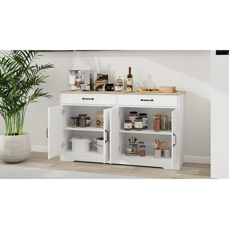 Large Farmhouse Buffet Cabinet Storage Sideboard with 2 Drawers and 4 Doors for Dining Living Room Kitchen Cupboard-White