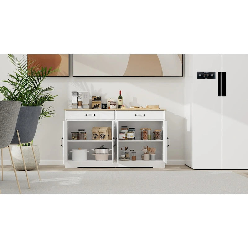 Large Farmhouse Buffet Cabinet Storage Sideboard with 2 Drawers and 4 Doors for Dining Living Room Kitchen Cupboard-White