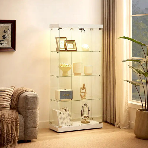 4-Tier Glass Display Cabinet, Double Door Glass Cabinet, Four Partitions, Two Locks, Floor Standing for Living Room and Office