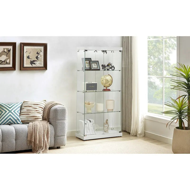 4-Tier Glass Display Cabinet, Double Door Glass Cabinet, Four Partitions, Two Locks, Floor Standing for Living Room and Office