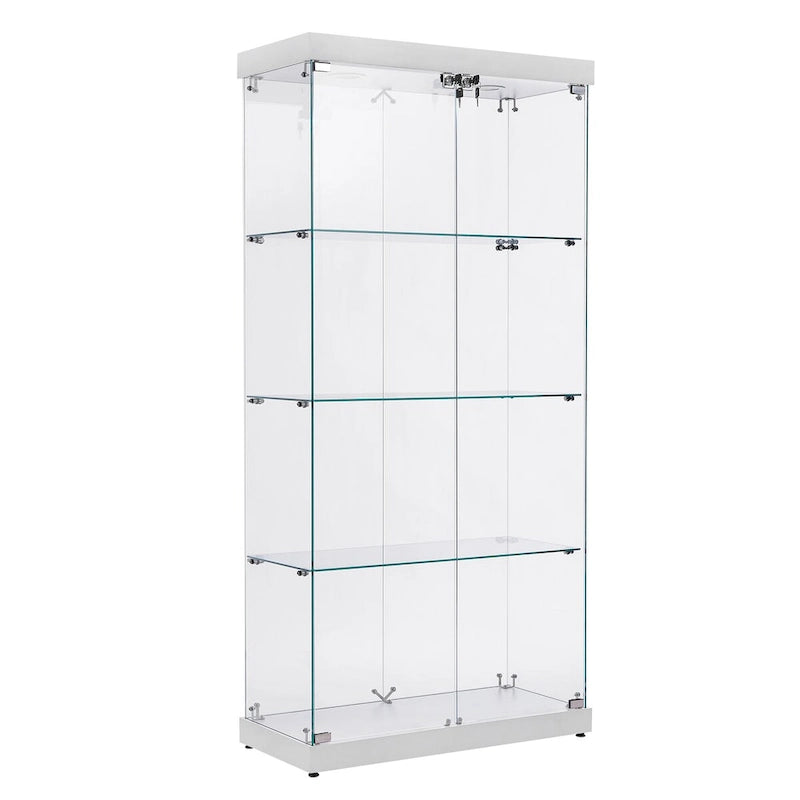 4-Tier Glass Display Cabinet, Double Door Glass Cabinet, Four Partitions, Two Locks, Floor Standing for Living Room and Office