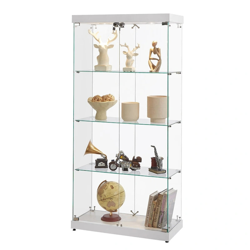 4-Tier Glass Display Cabinet, Double Door Glass Cabinet, Four Partitions, Two Locks, Floor Standing for Living Room and Office