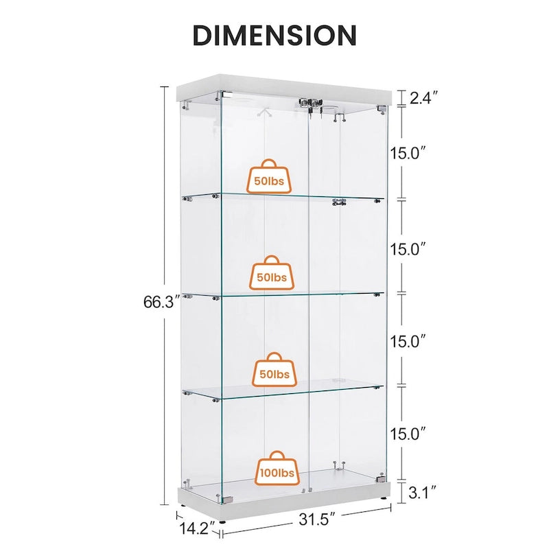 4-Tier Glass Display Cabinet, Double Door Glass Cabinet, Four Partitions, Two Locks, Floor Standing for Living Room and Office