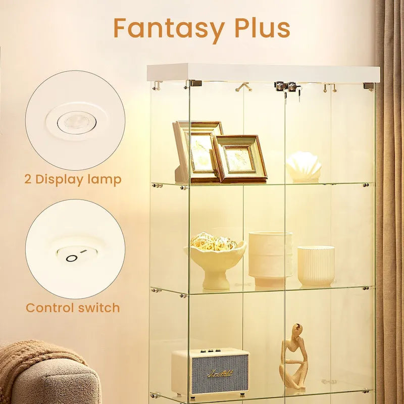 4-Tier Glass Display Cabinet, Double Door Glass Cabinet, Four Partitions, Two Locks, Floor Standing for Living Room and Office