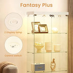 4-Tier Glass Display Cabinet, Double Door Glass Cabinet, Four Partitions, Two Locks, Floor Standing for Living Room and Office