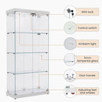 4-Tier Glass Display Cabinet, Double Door Glass Cabinet, Four Partitions, Two Locks, Floor Standing for Living Room and Office
