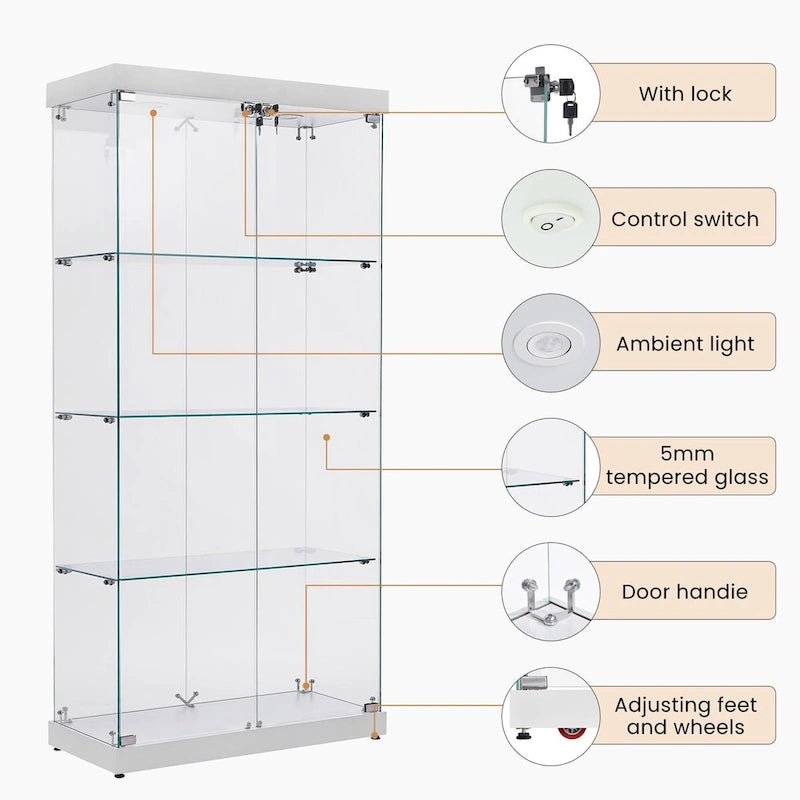 4-Tier Glass Display Cabinet, Double Door Glass Cabinet, Four Partitions, Two Locks, Floor Standing for Living Room and Office
