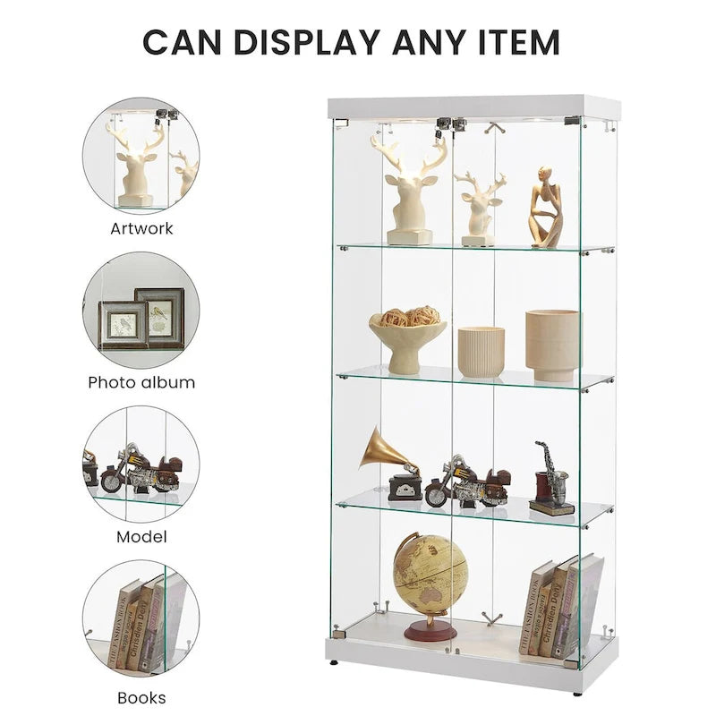 4-Tier Glass Display Cabinet, Double Door Glass Cabinet, Four Partitions, Two Locks, Floor Standing for Living Room and Office