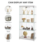 4-Tier Glass Display Cabinet, Double Door Glass Cabinet, Four Partitions, Two Locks, Floor Standing for Living Room and Office
