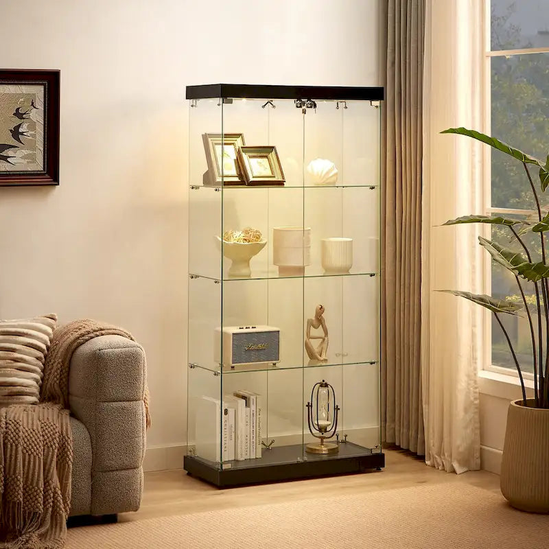 4-Tier Glass Display Cabinet, Double Door Glass Cabinet, Four Partitions, Two Locks, Floor Standing for Living Room and Office