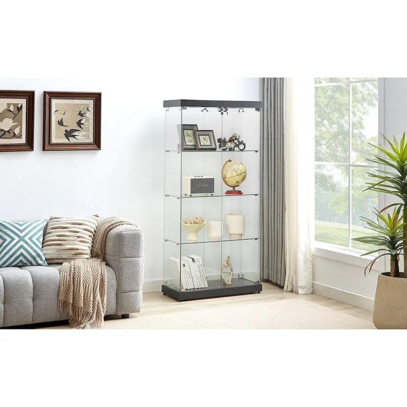 4-Tier Glass Display Cabinet, Double Door Glass Cabinet, Four Partitions, Two Locks, Floor Standing for Living Room and Office