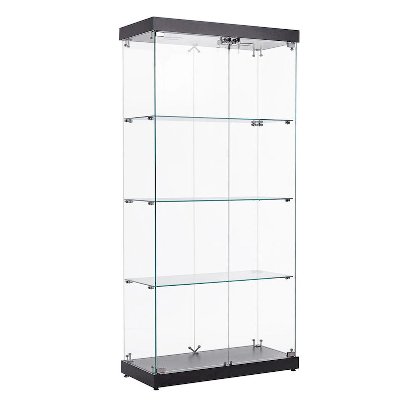 4-Tier Glass Display Cabinet, Double Door Glass Cabinet, Four Partitions, Two Locks, Floor Standing for Living Room and Office