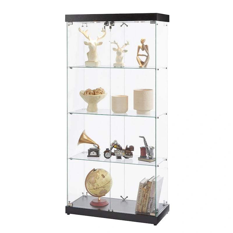 4-Tier Glass Display Cabinet, Double Door Glass Cabinet, Four Partitions, Two Locks, Floor Standing for Living Room and Office