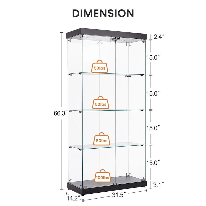 4-Tier Glass Display Cabinet, Double Door Glass Cabinet, Four Partitions, Two Locks, Floor Standing for Living Room and Office