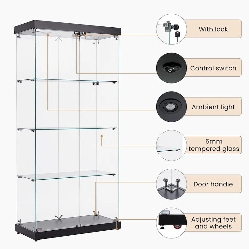 4-Tier Glass Display Cabinet, Double Door Glass Cabinet, Four Partitions, Two Locks, Floor Standing for Living Room and Office