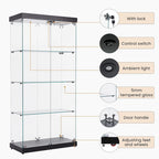 4-Tier Glass Display Cabinet, Double Door Glass Cabinet, Four Partitions, Two Locks, Floor Standing for Living Room and Office