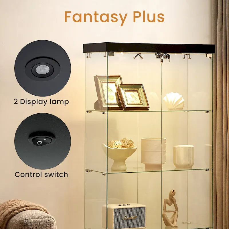 4-Tier Glass Display Cabinet, Double Door Glass Cabinet, Four Partitions, Two Locks, Floor Standing for Living Room and Office