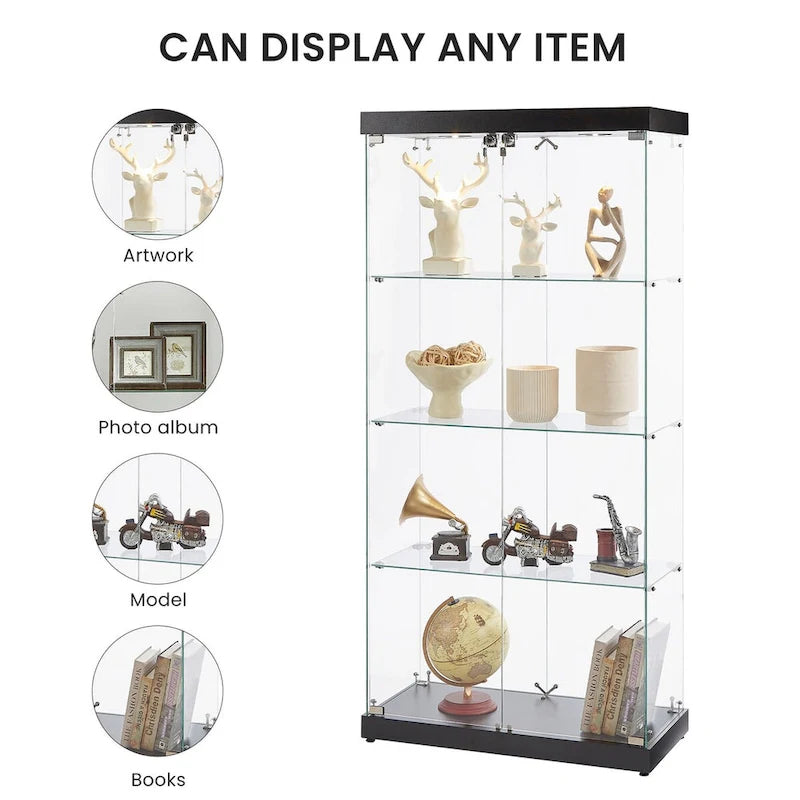 4-Tier Glass Display Cabinet, Double Door Glass Cabinet, Four Partitions, Two Locks, Floor Standing for Living Room and Office
