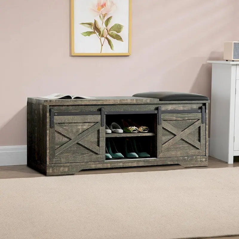 Vintage Farmhouse Style Wooden Storage Bench with Sliding Doors