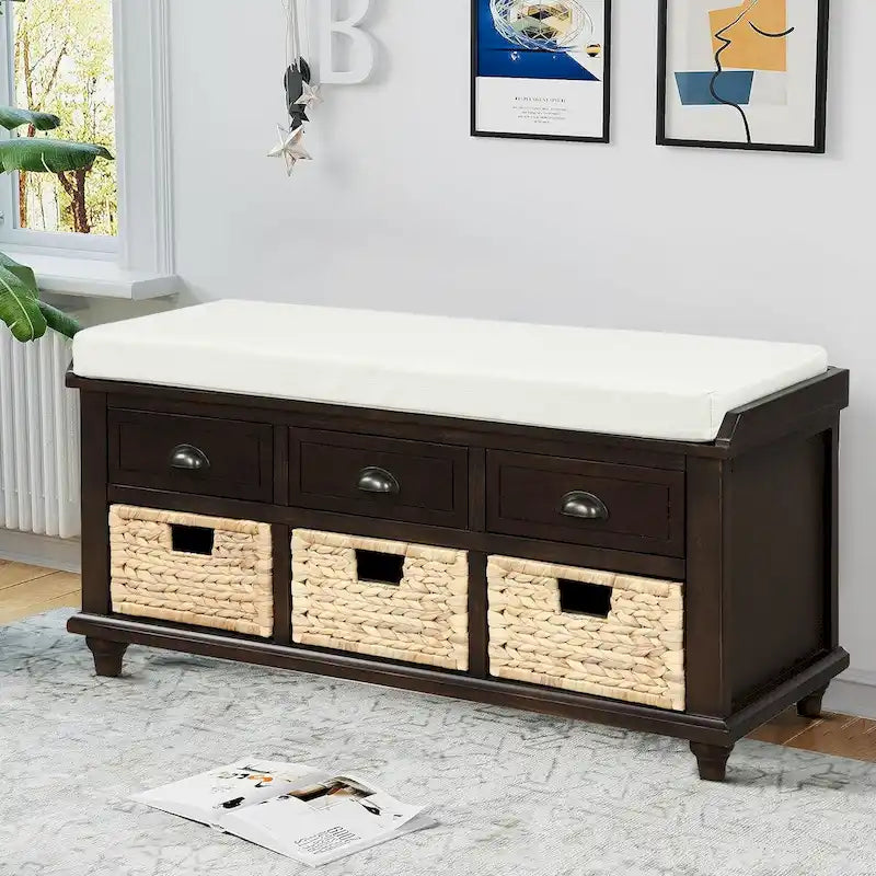 Classic Farmhouse Style Storage Bench with a Removable Linen Blend Seat Cushion