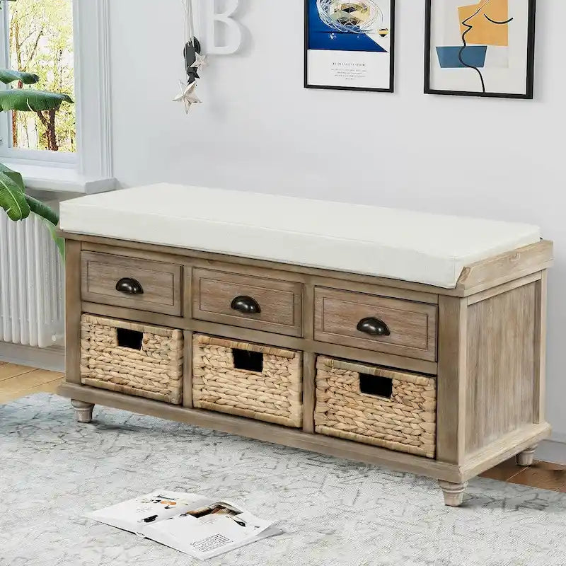 Classic Farmhouse Style Storage Bench with a Removable Linen Blend Seat Cushion