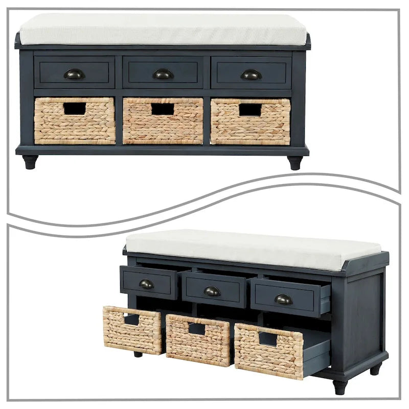 Classic Farmhouse Style Storage Bench with a Removable Linen Blend Seat Cushion