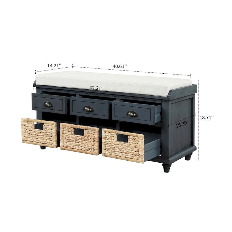 Classic Farmhouse Style Storage Bench with a Removable Linen Blend Seat Cushion