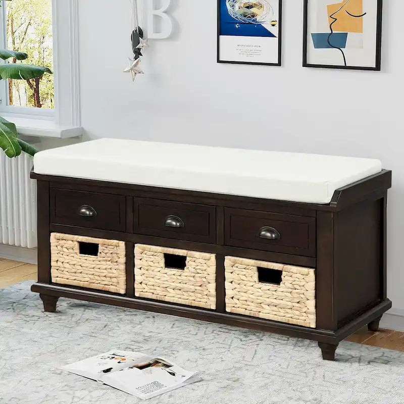 Classic Farmhouse Style Storage Bench with a Removable Linen Blend Seat Cushion