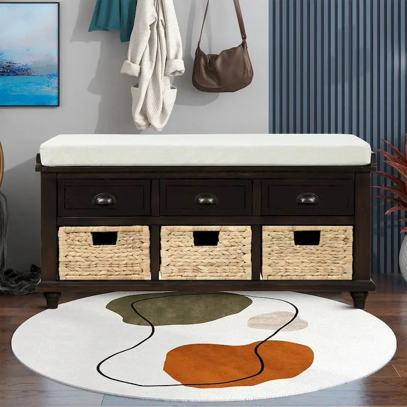 Classic Farmhouse Style Storage Bench with a Removable Linen Blend Seat Cushion