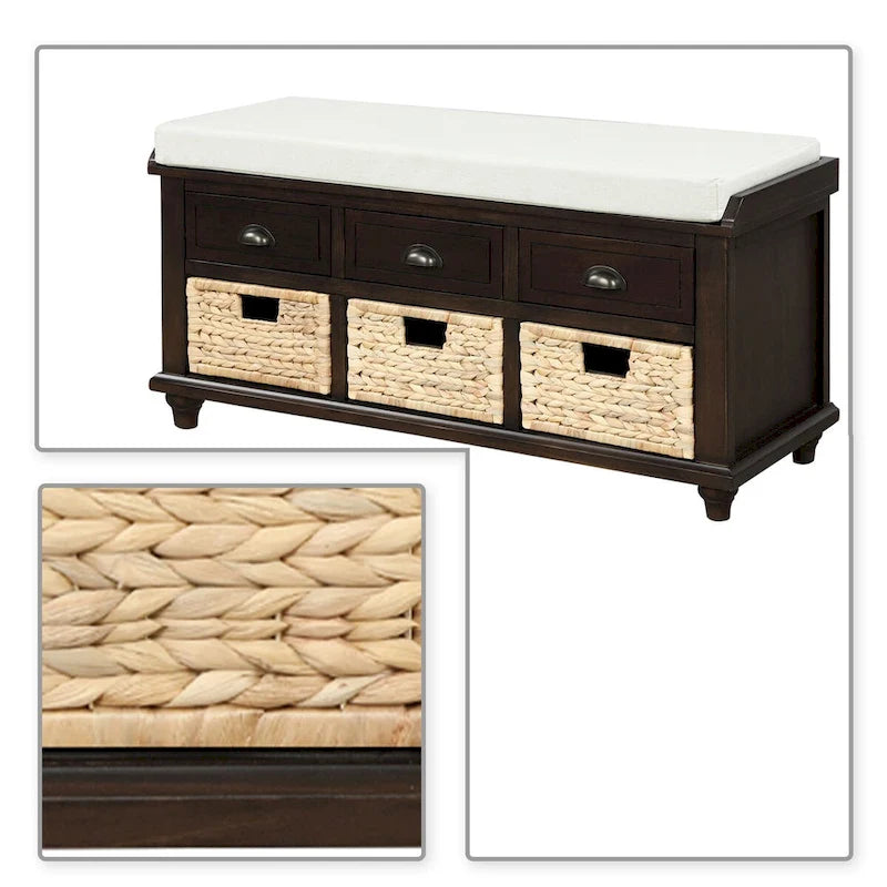 Classic Farmhouse Style Storage Bench with a Removable Linen Blend Seat Cushion