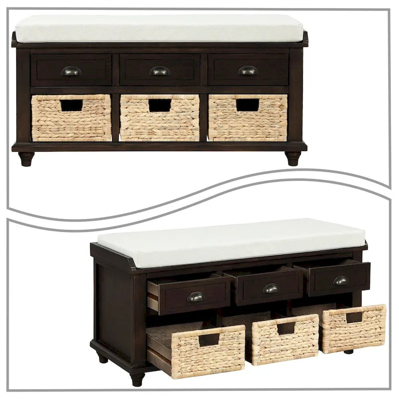 Classic Farmhouse Style Storage Bench with a Removable Linen Blend Seat Cushion