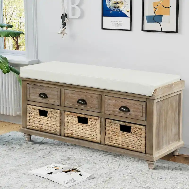 Classic Farmhouse Style Storage Bench with a Removable Linen Blend Seat Cushion
