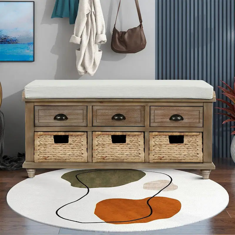 Classic Farmhouse Style Storage Bench with a Removable Linen Blend Seat Cushion