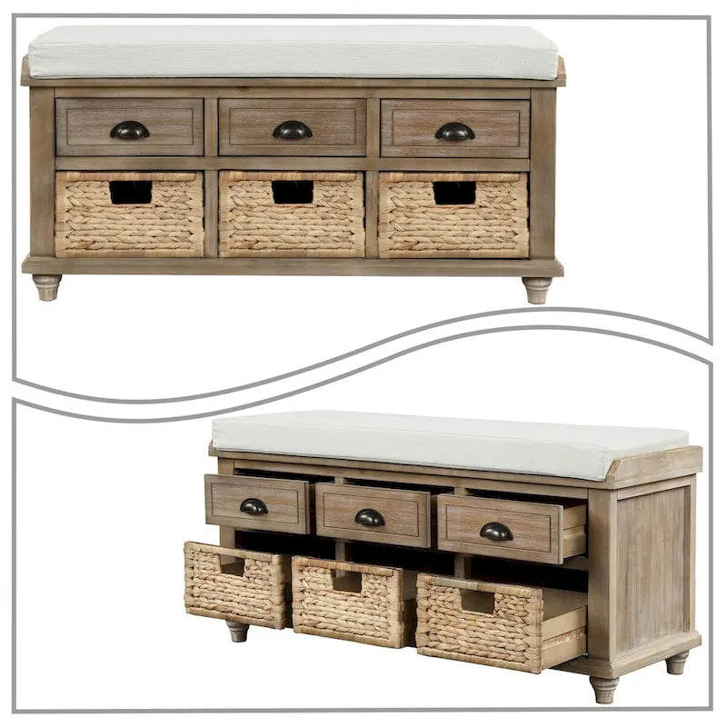 Classic Farmhouse Style Storage Bench with a Removable Linen Blend Seat Cushion