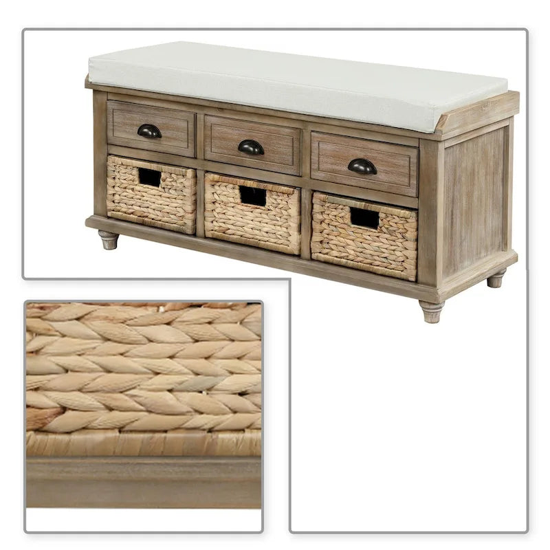 Classic Farmhouse Style Storage Bench with a Removable Linen Blend Seat Cushion