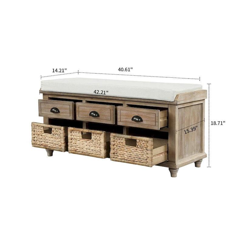 Classic Farmhouse Style Storage Bench with a Removable Linen Blend Seat Cushion