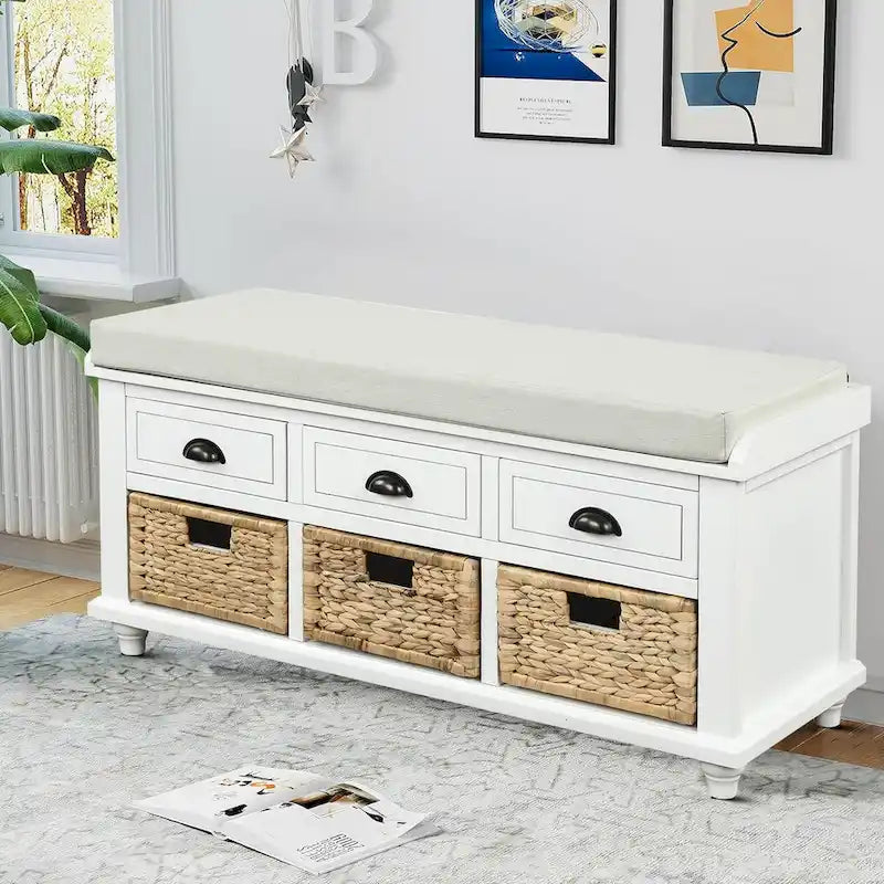 Classic Farmhouse Style Storage Bench with a Removable Linen Blend Seat Cushion
