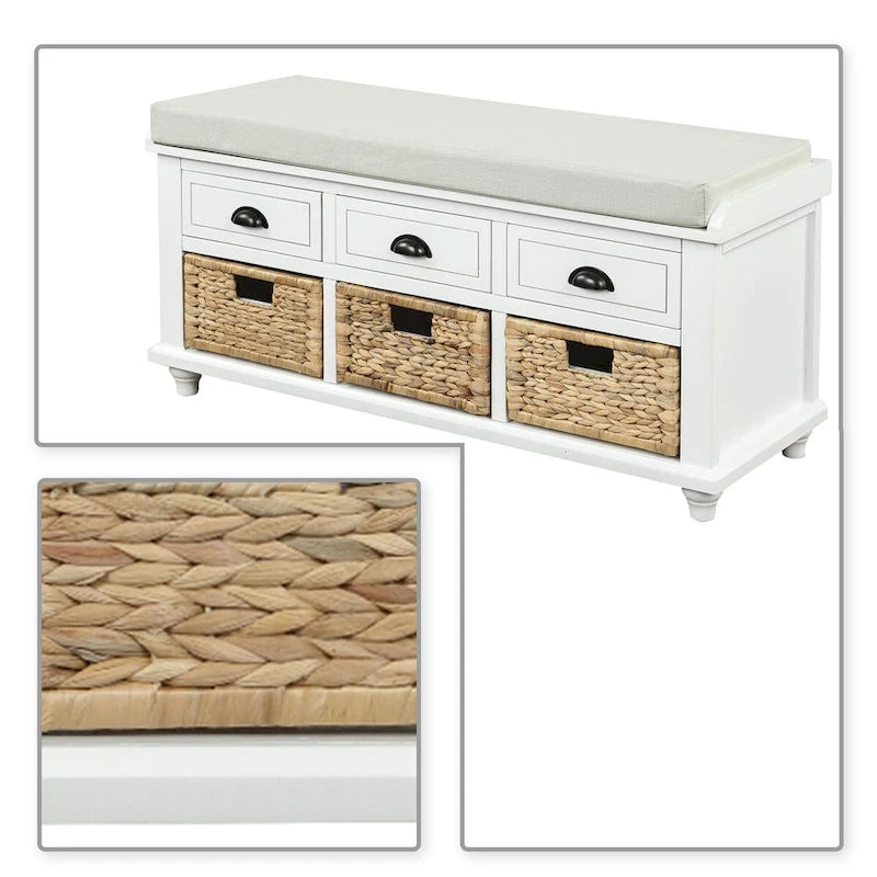 Classic Farmhouse Style Storage Bench with a Removable Linen Blend Seat Cushion