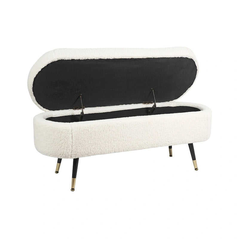 Maren Fully Padded Boucle Storage Bench Wood Stiletto Legs