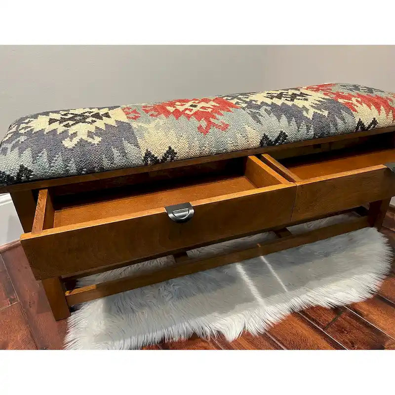 HERAT ORIENTAL Handmade Kilim Upholstered Bench with Drawers - 14  x 19  x 47